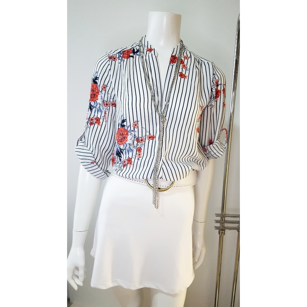 Mandee Vintage Floral Striped 3/4 Sleeve Chiffon Top - Picture 5 of 12